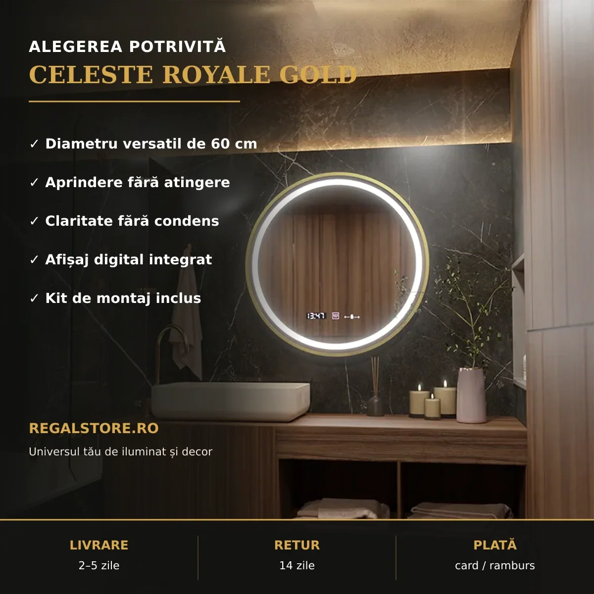 Oglindă LED Celeste Royale Gold Ø60 cm – beneficii principale