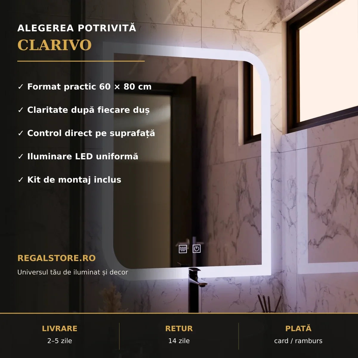 Oglindă LED Clarivo 60x80 cm – beneficii principale
