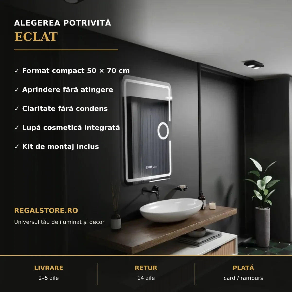 Oglindă LED Eclat 50x70 cm – beneficii principale