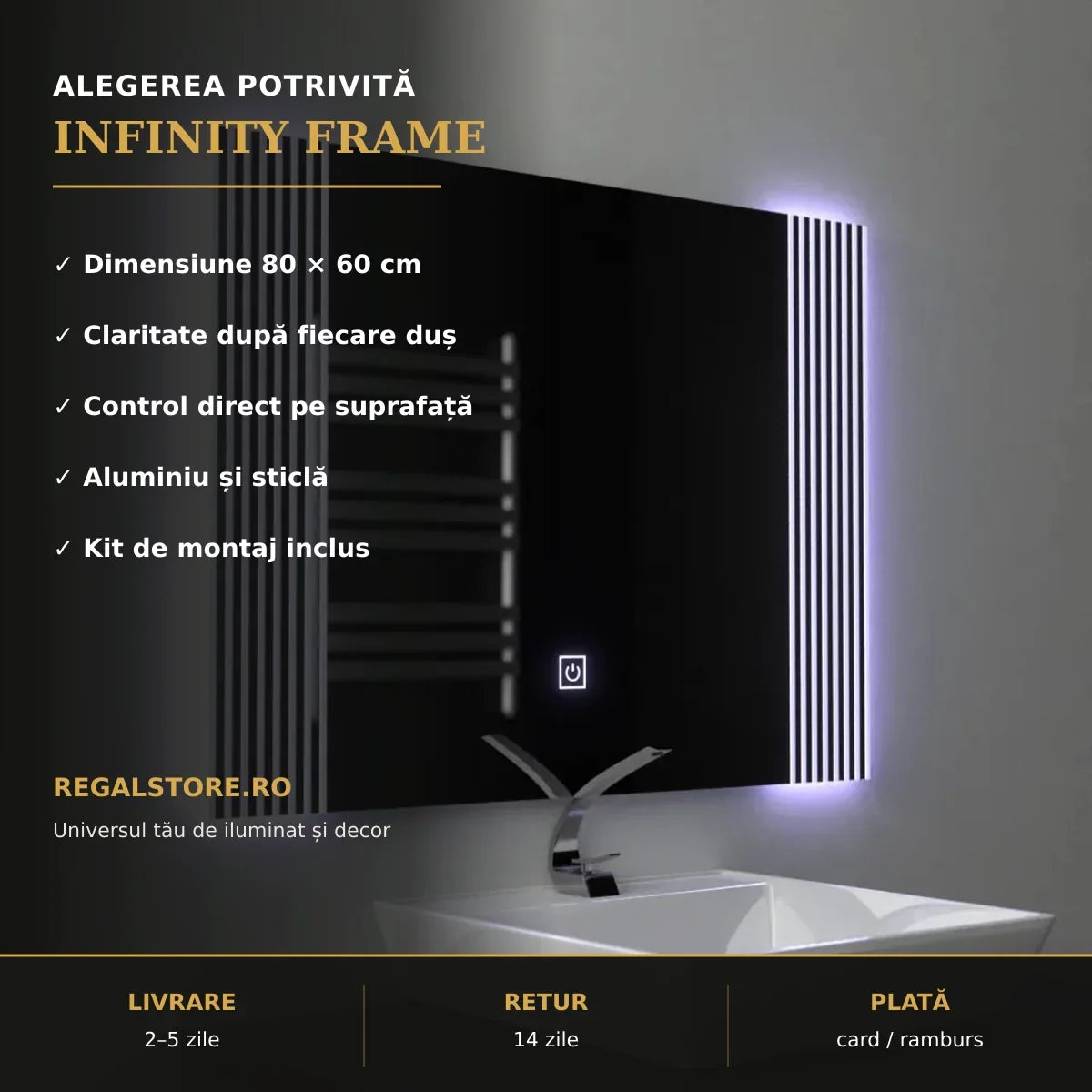 Oglindă LED Infinity Frame 80x60 cm – beneficii principale