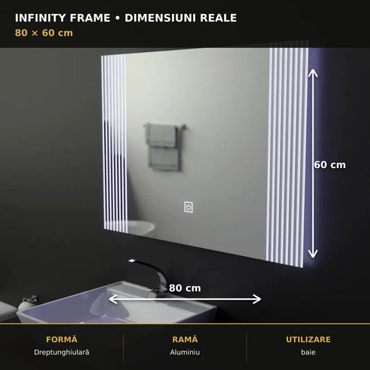 Oglindă LED Infinity Frame 80x60 cm – dimensiuni și format