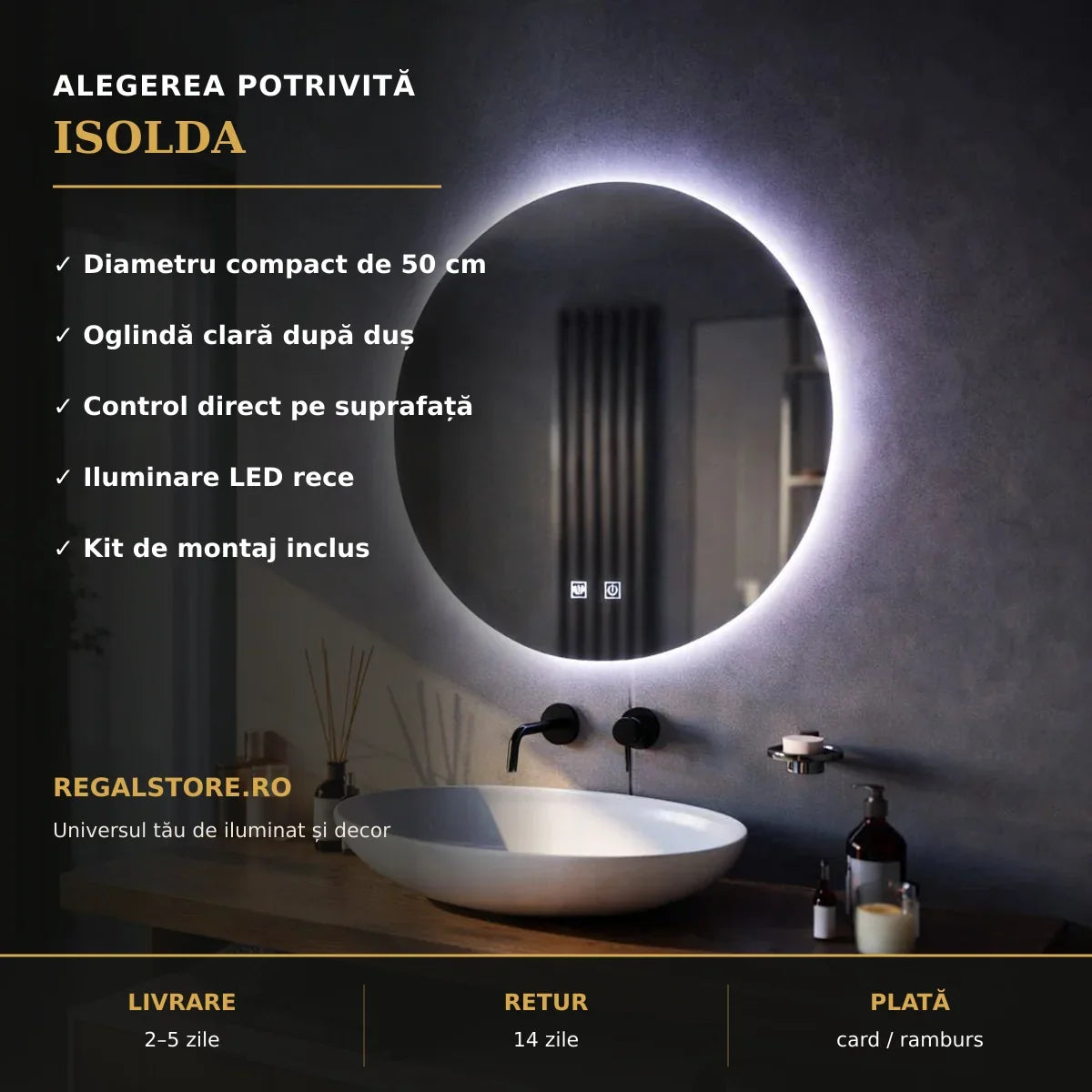 Oglindă LED Isolda Ø50 cm – beneficii principale