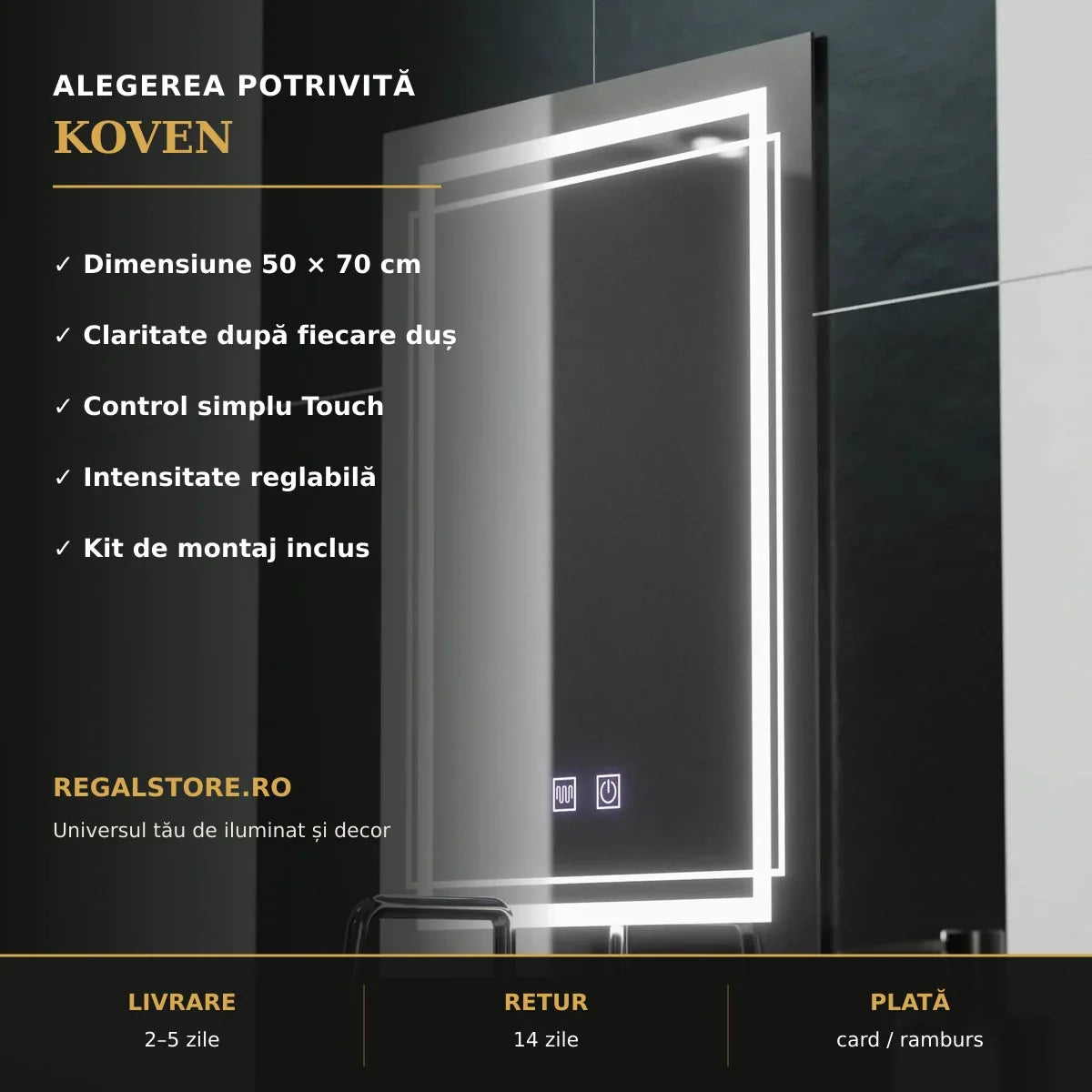 Oglindă LED Koven 50x70 cm – beneficii principale