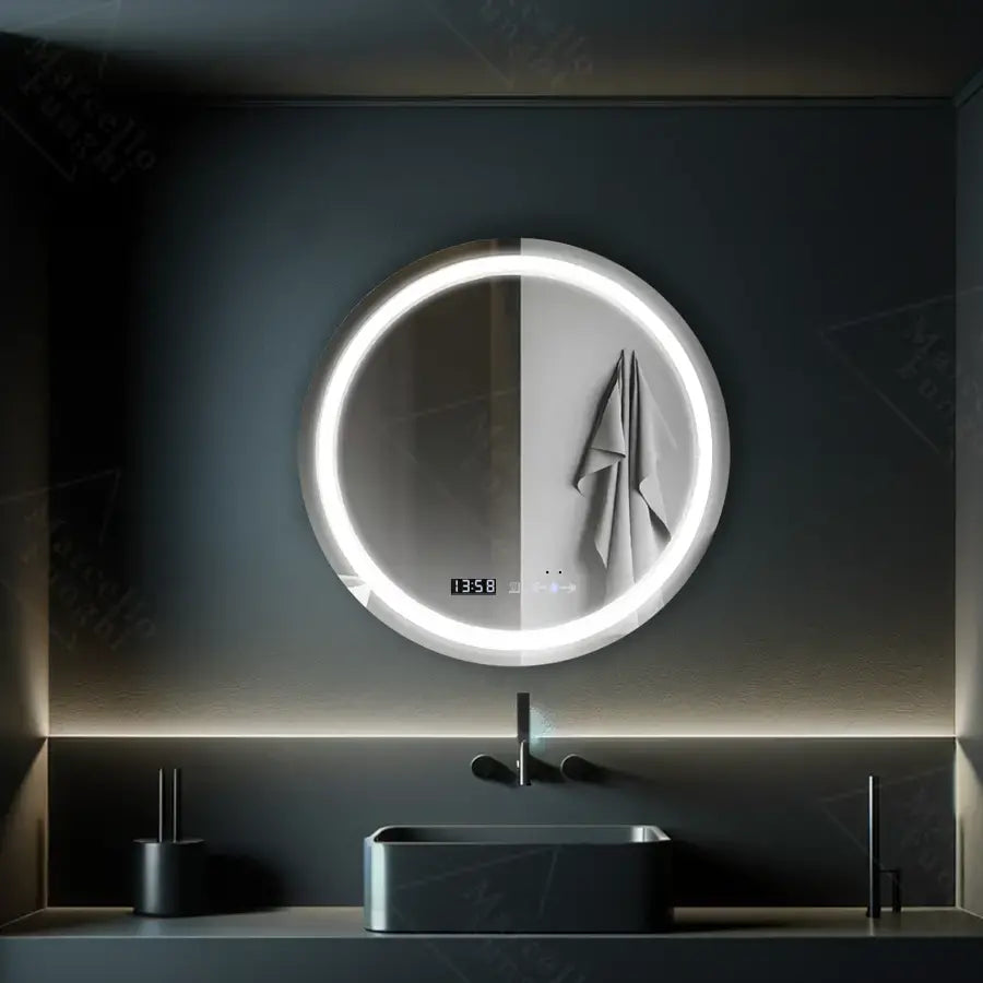 Oglinda LED Rotunda, 70cm, Celeste MotionGlow Marcello, Sistem Dezaburire, Ceas & Termometru, Dimabila