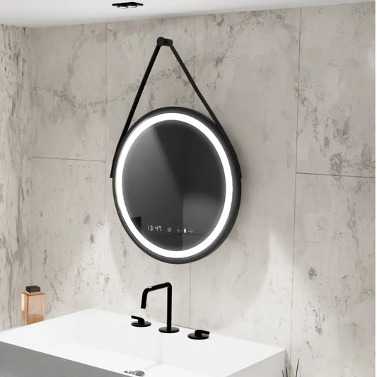 Oglinda LED Rotunda 60 Celeste Majeste Noir Eleve MotionGlow Marcello, Curea Piele Ecologica, Sistem Dezaburire, Termometru si Ceas, Dimabila