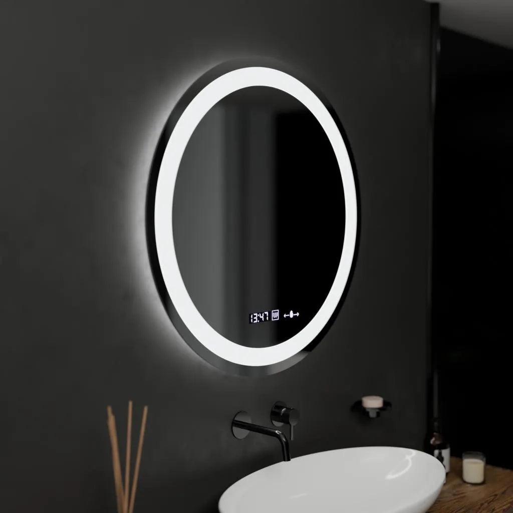 Oglinda LED Rotunda, 60cm, Celeste MotionGlow Marcello, Sistem Dezaburire, Ceas & Termometru, Dimabila