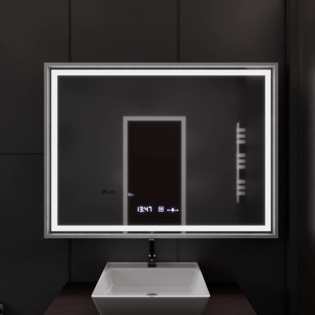 Oglinda LED Rectangulara 120x80 Verite Imperial Silver Motion Glow Marcello, Sistem Dezaburire, Termometru si Ceas, Dimabila