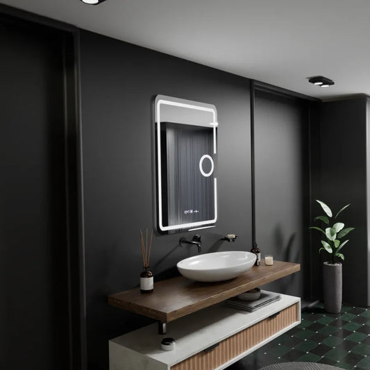 Oglinda LED Rectangulara 50x70 Eclat MotionGlow Marcello, Lupa Cosmetica, Sistem Dezaburire, Termometru si Ceas, Dimabila
