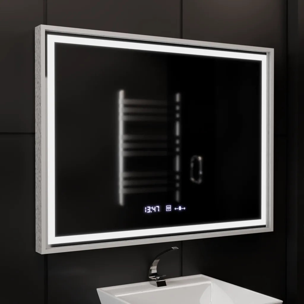 Oglinda LED Rectangulara 80x60 Verite Imperial Silver Motion Glow Marcello, Sistem Dezaburire, Termometru si Ceas, Dimabila