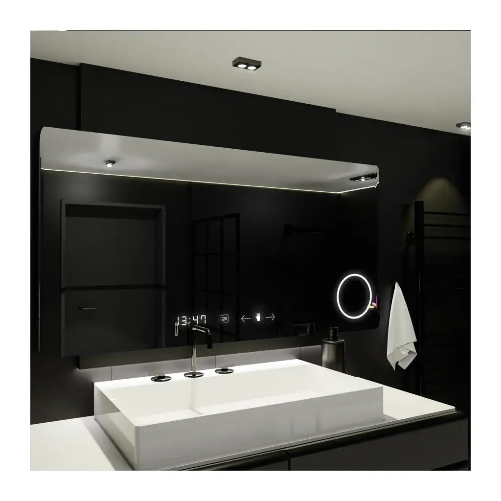 Oglinda LED Rectangulara 100x60 Celeste MotionGlow Marcello, Lupa Cosmetica, Sistem Dezaburire, Termometru si Ceas, Dimabila