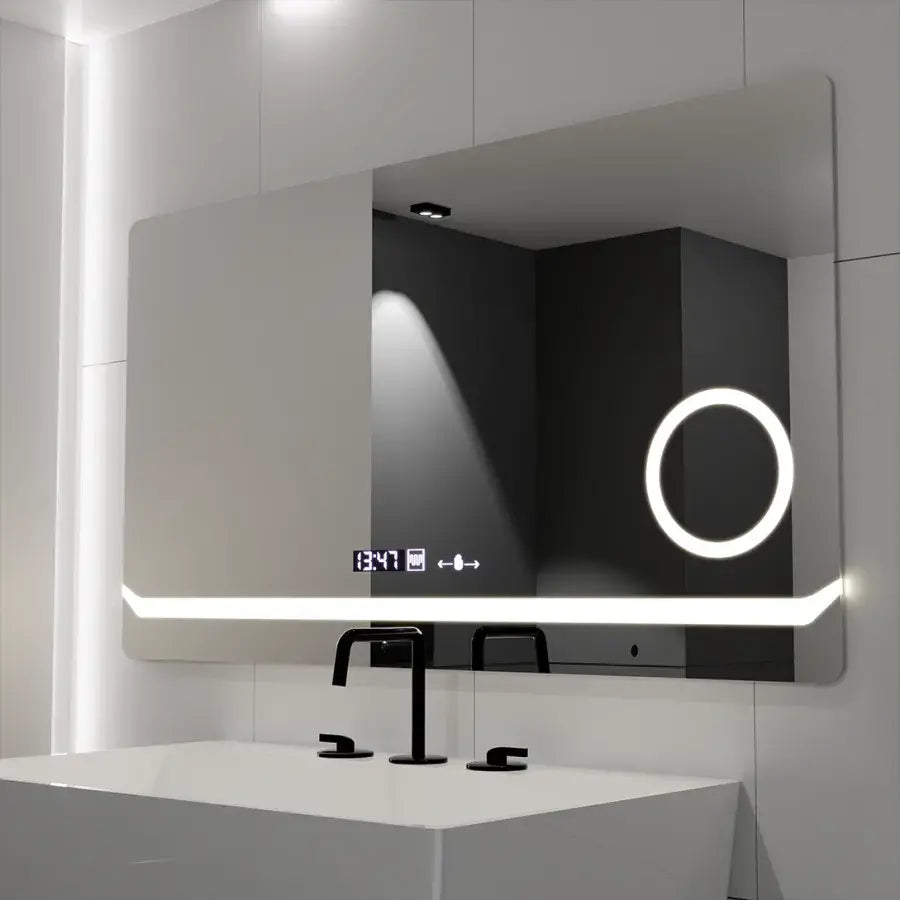 Oglinda LED Rectangulara 80x60 Definition MotionGlow Marcello, Lupa Cosmetica, Sistem Dezaburire, Termometru si Ceas, Dimabila