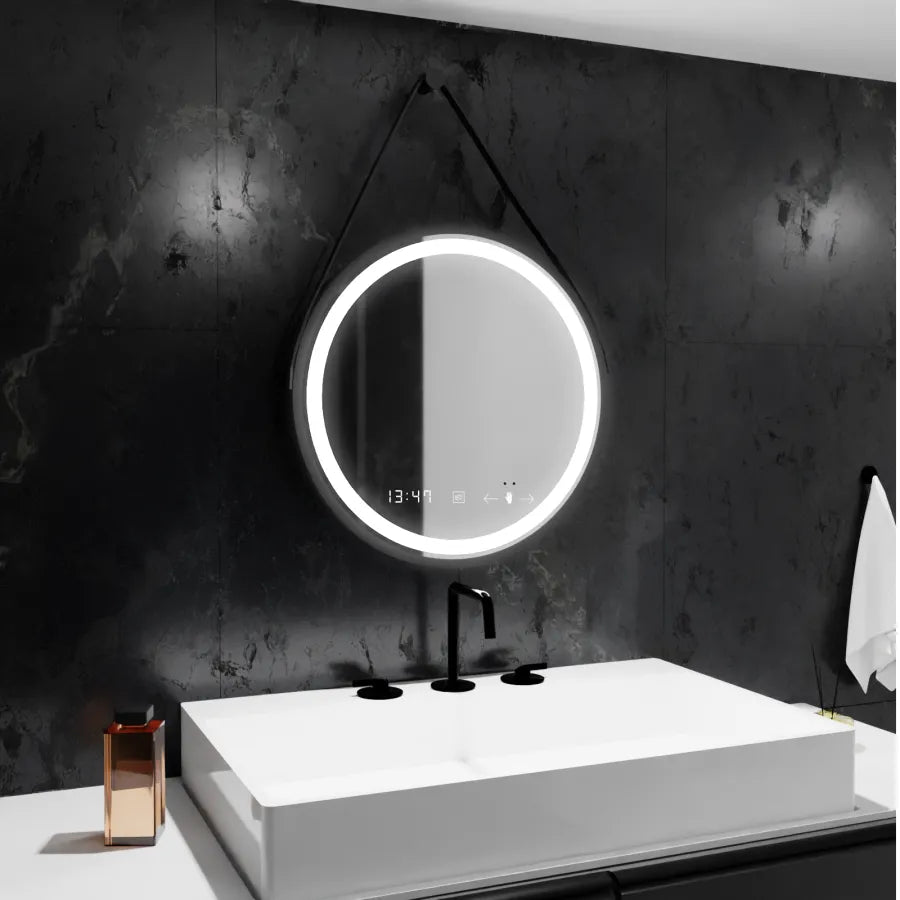 Oglinda LED Rotunda 50 Celeste Majeste Noir Eleve MotionGlow Marcello, Curea Piele Ecologica, Sistem Dezaburire, Termometru si Ceas, Dimabila