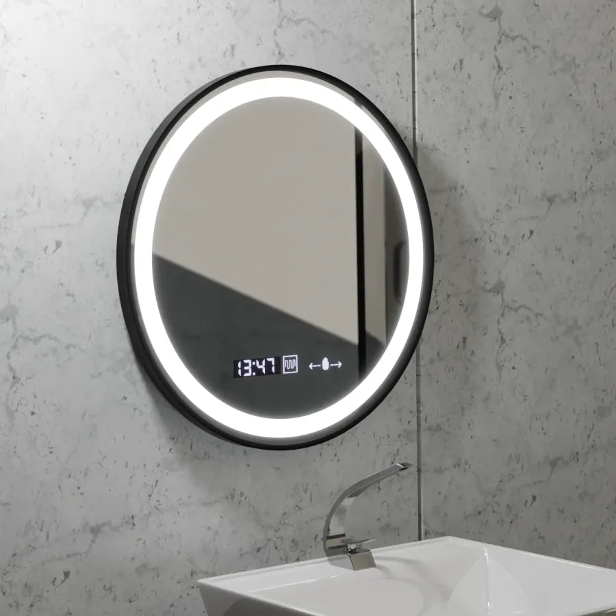 Oglinda LED Rotunda 60 Celeste Majeste Noir MotionGlow Marcello, Sistem Dezaburire, Termometru si Ceas, Dimabila