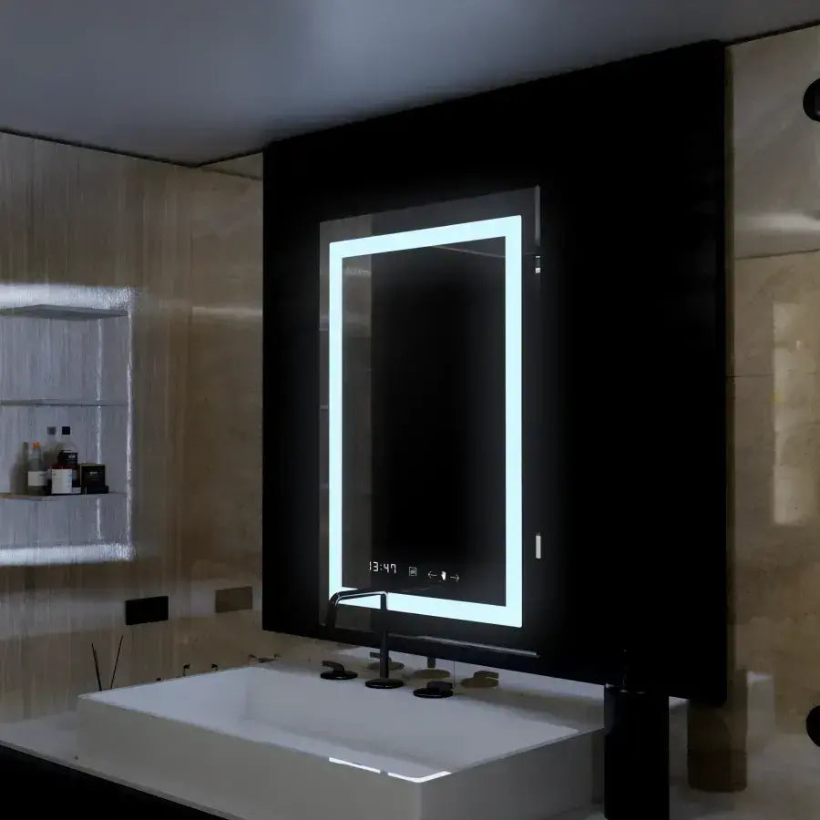 Oglinda LED Rectangulara 75x90cm Verite MotionGlow Marcello, Sistem Dezaburire, Termometru si Ceas, Dimabila