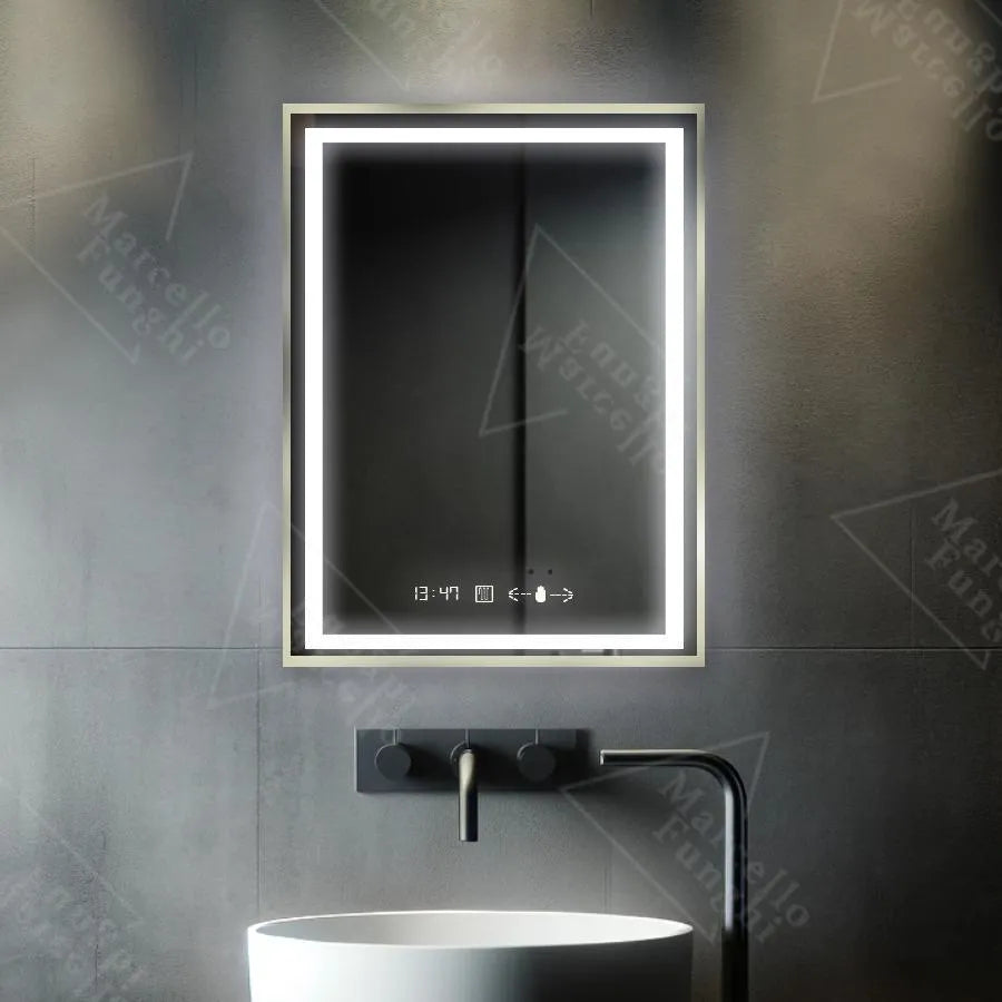 Oglinda LED Rectangulara 60x80 – Verite Royale Gold MotionGlow Marcello, Sistem Dezaburire, Termometru si Ceas, Dimabila