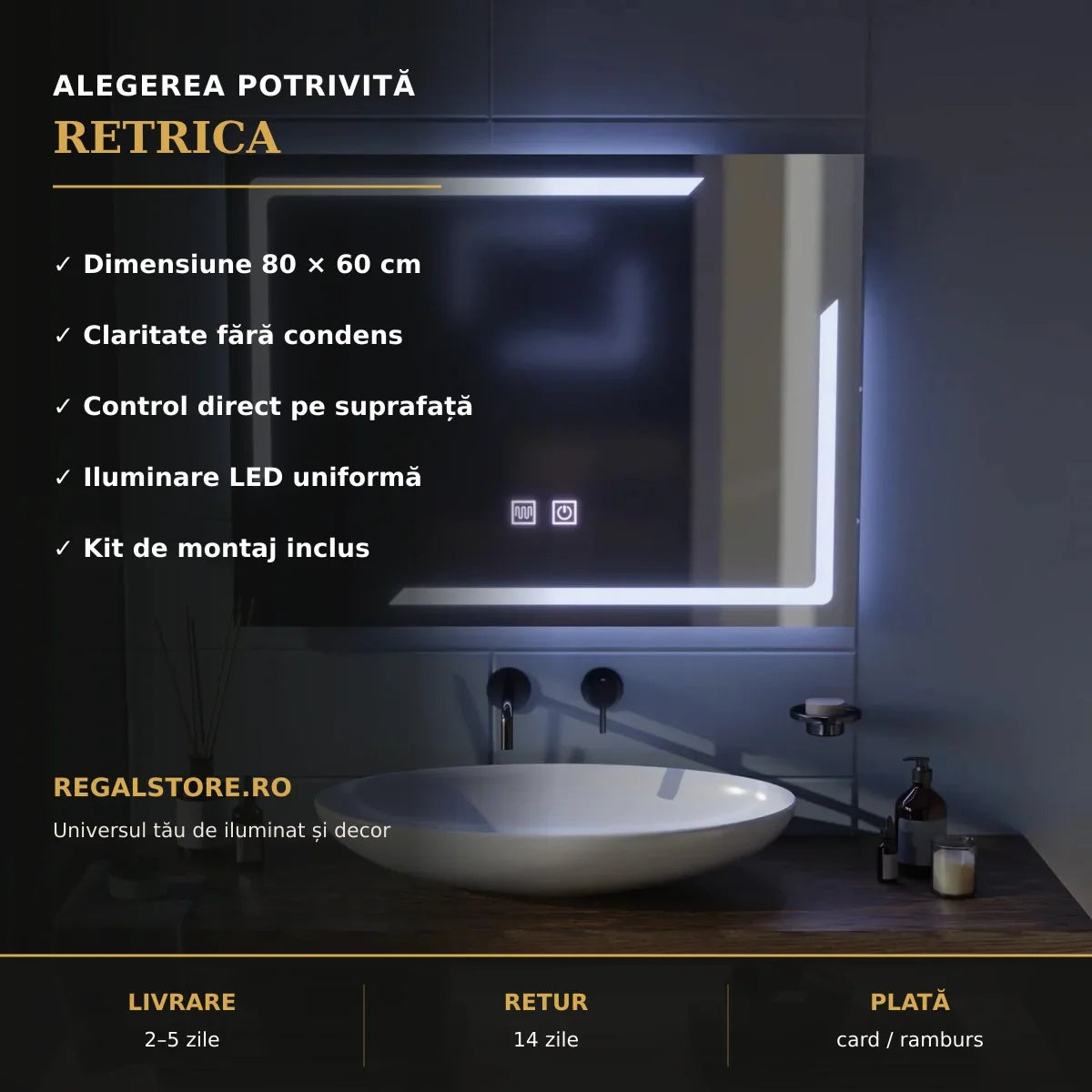 Oglindă LED Retrica 80x60 cm – beneficii principale