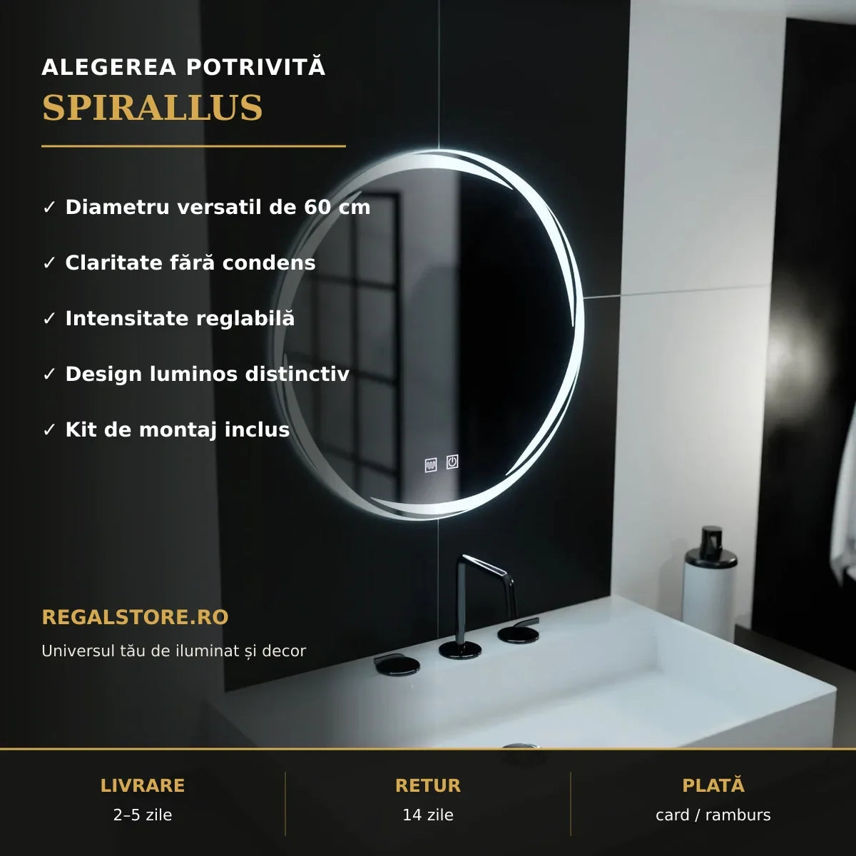Oglindă LED Spirallus Ø60 cm – beneficii principale