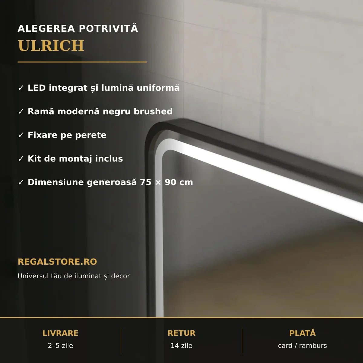 Beneficii oglindă LED Ulrich cu ramă negru brushed