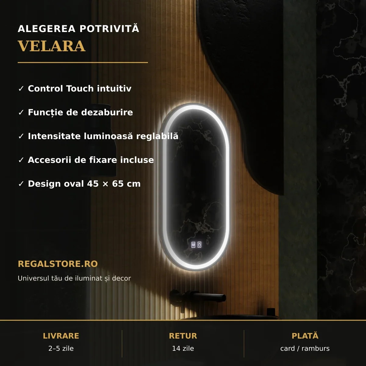 Beneficii oglindă LED Velara 45x65 cm