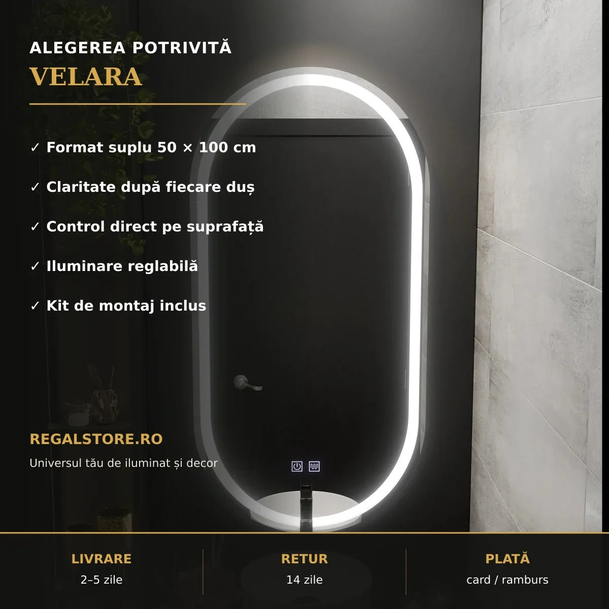 Oglindă LED Velara 50x100 cm – beneficii principale