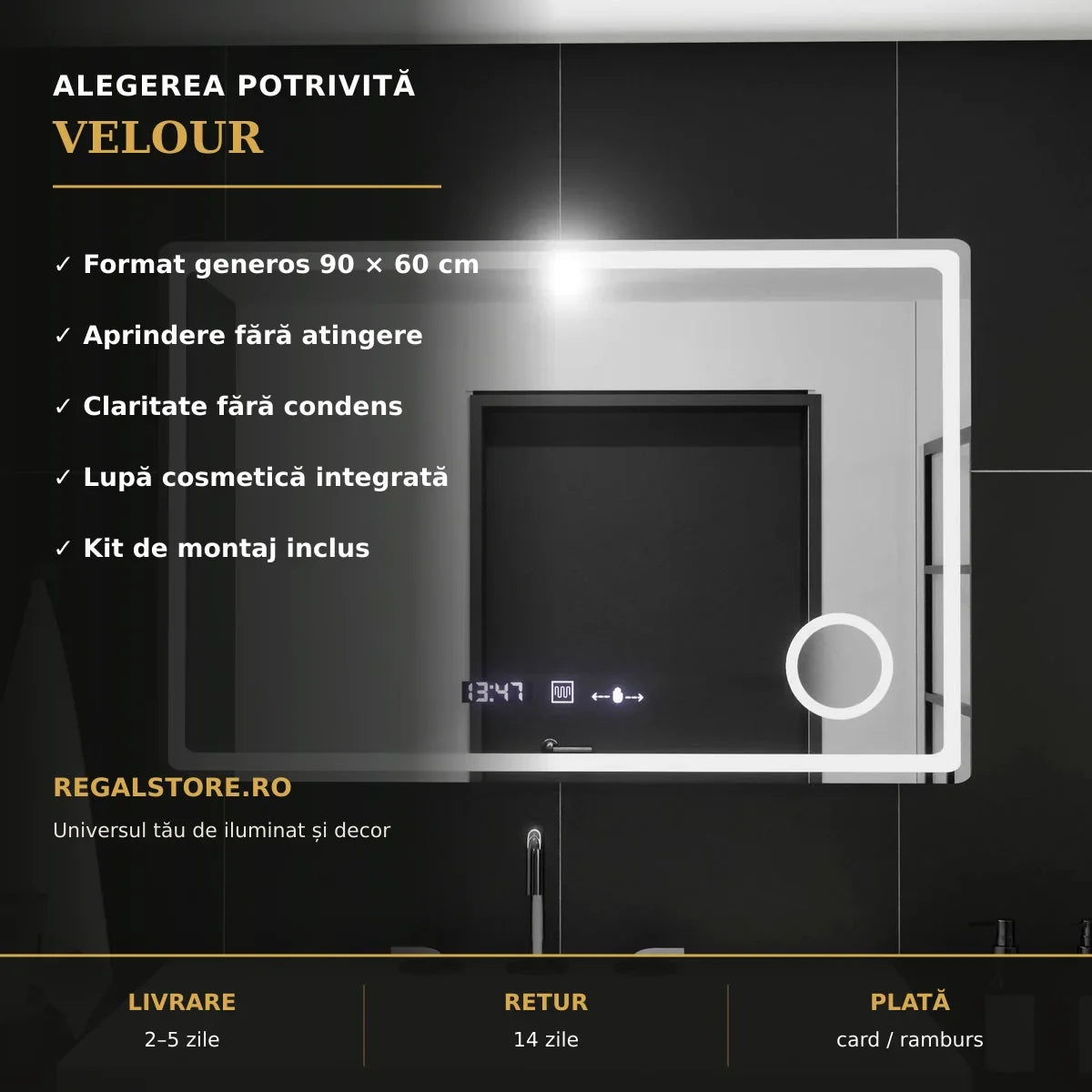 Oglindă LED Velour 90x60 cm – beneficii principale