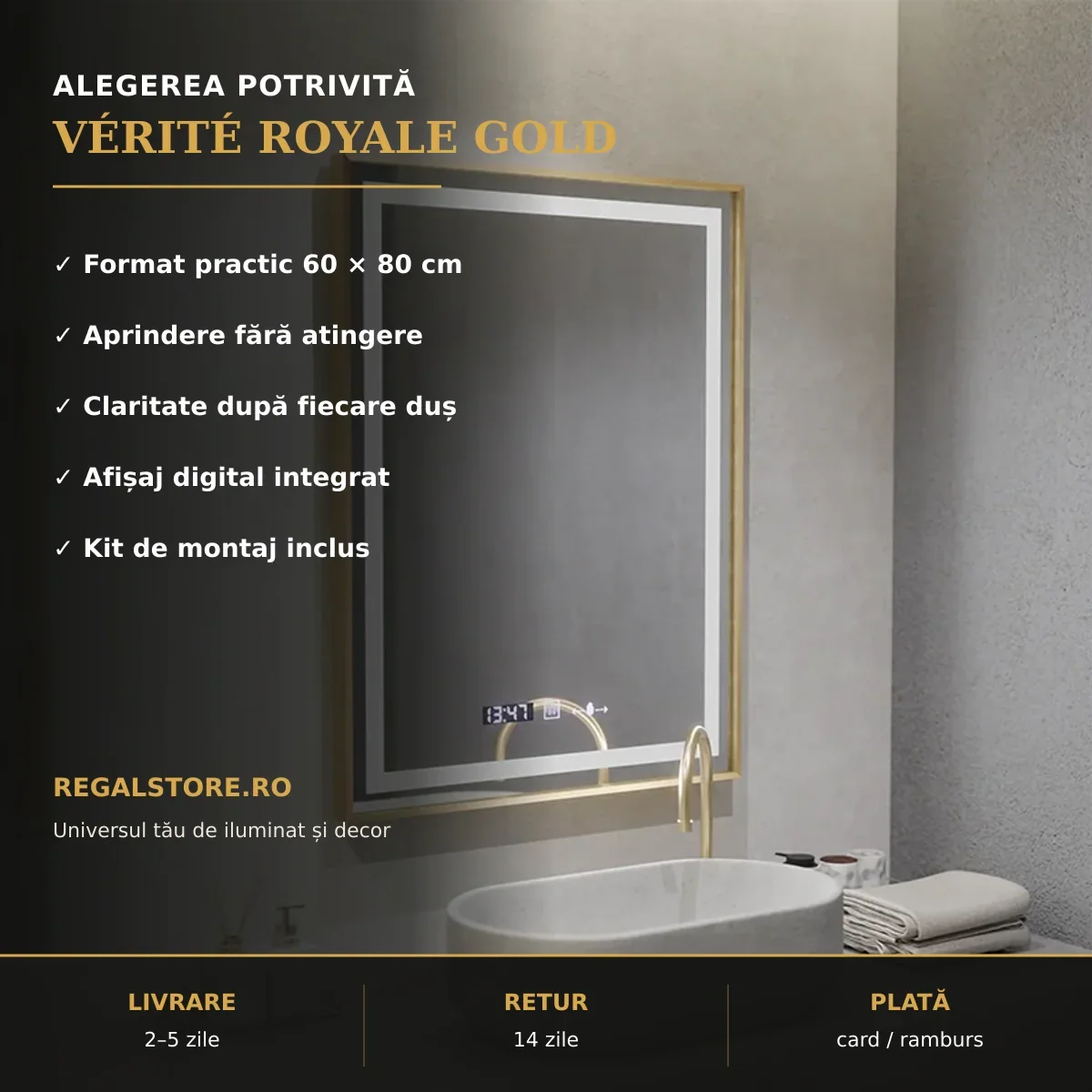 Oglindă LED Vérité Royale Gold 60x80 cm – beneficii principale