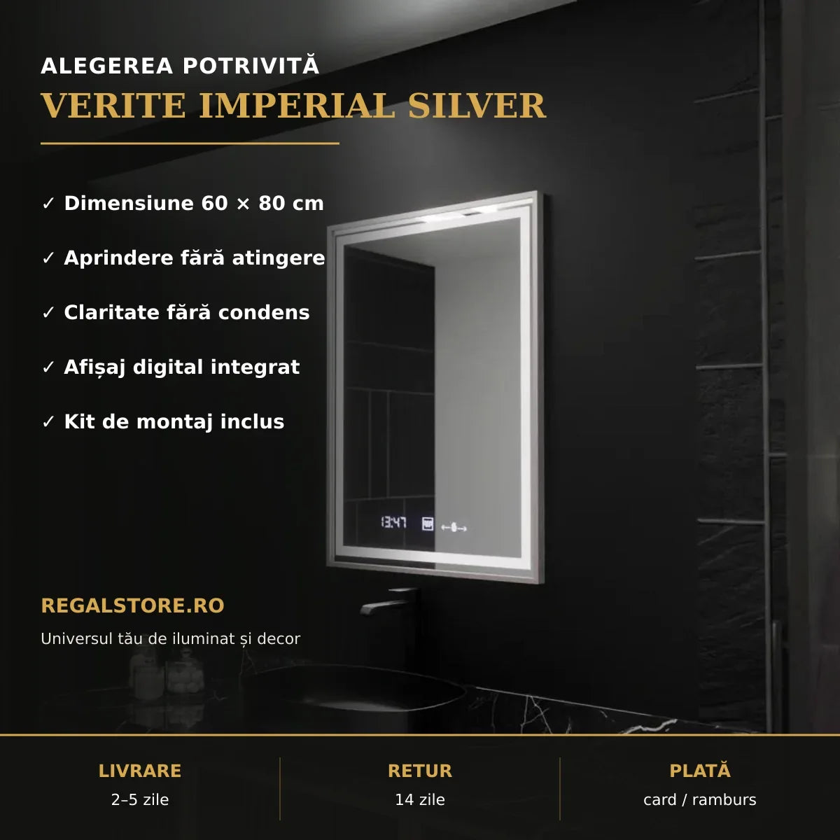 Oglindă LED Verite Imperial Silver 60x80 cm – beneficii principale
