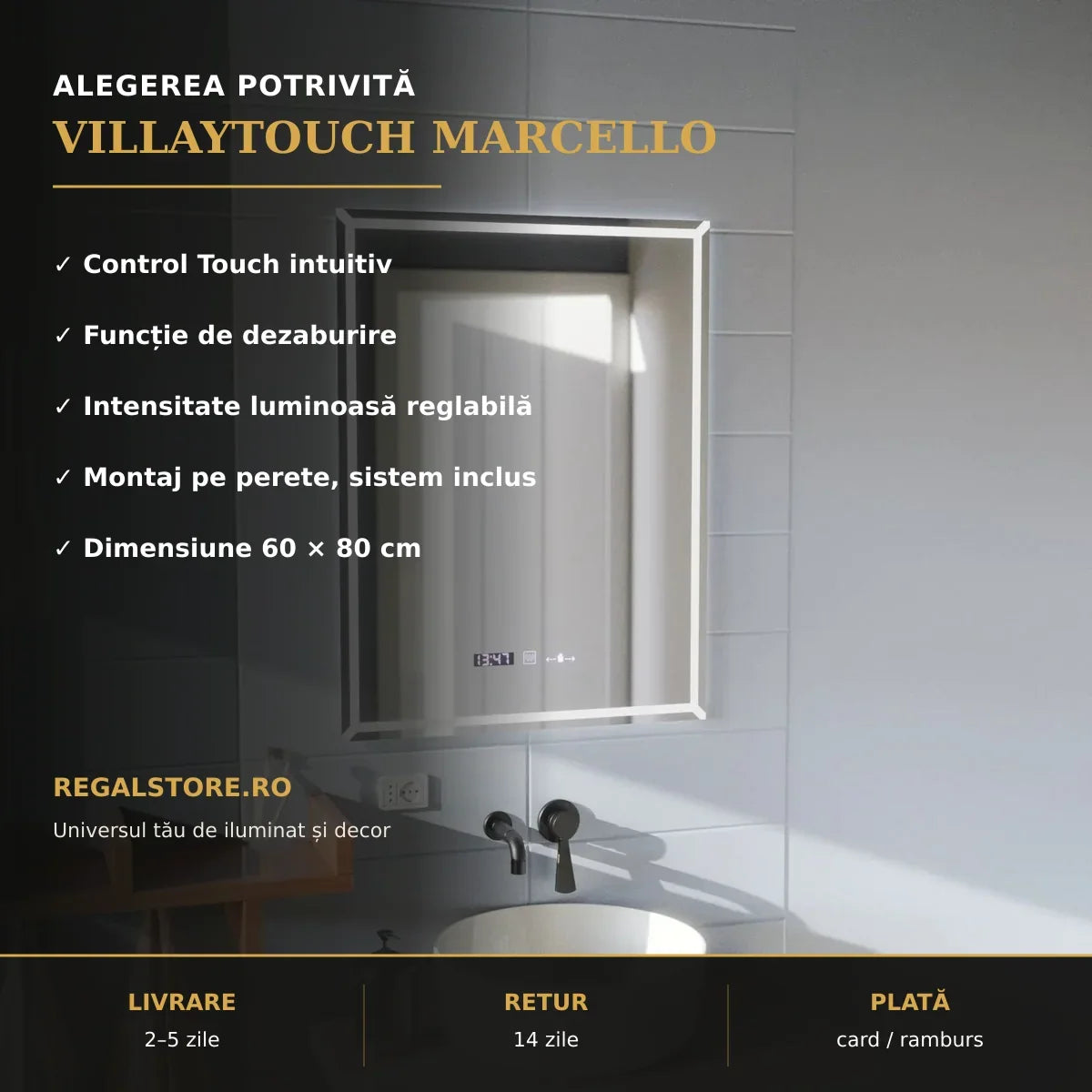 Beneficii oglindă LED VillayTouch 60x80 cm