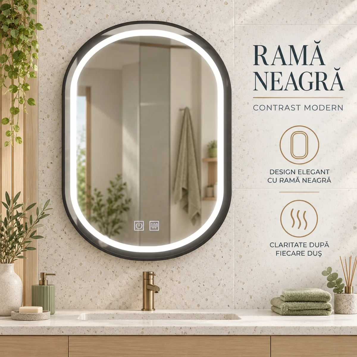 Oglinda LED VETRO - rama neagra si dezaburire