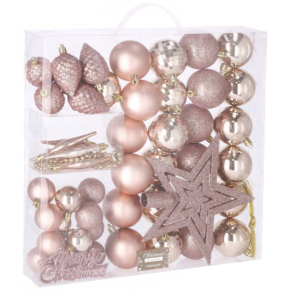 Set globuri si decoratiuni de Craciun, 51 piese, diverse dimensiuni, roz