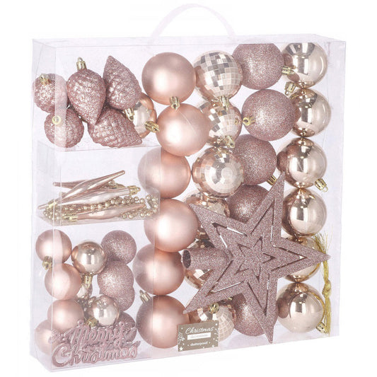 Set globuri si decoratiuni de Craciun, 51 piese, diverse dimensiuni, roz