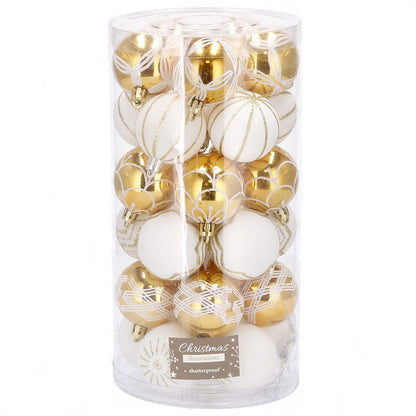 Set globuri de Craciun cu modele de sarbatori, 30 bucati, 7cm, alb auriu