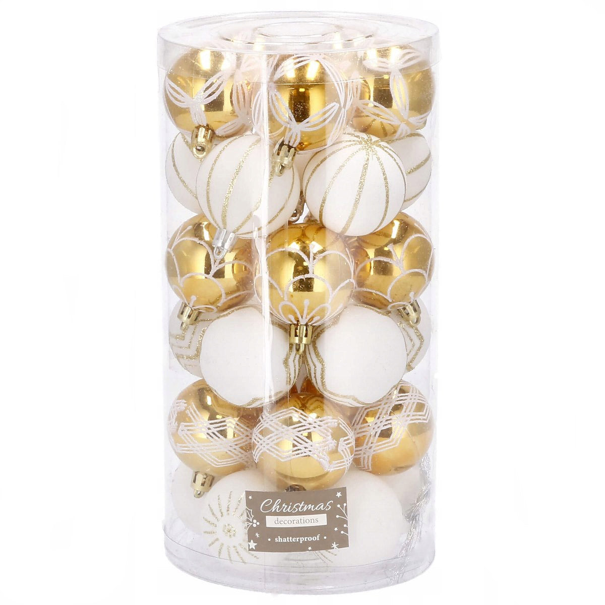 Set globuri de Craciun cu modele de sarbatori, 30 bucati, 5cm, alb auriu