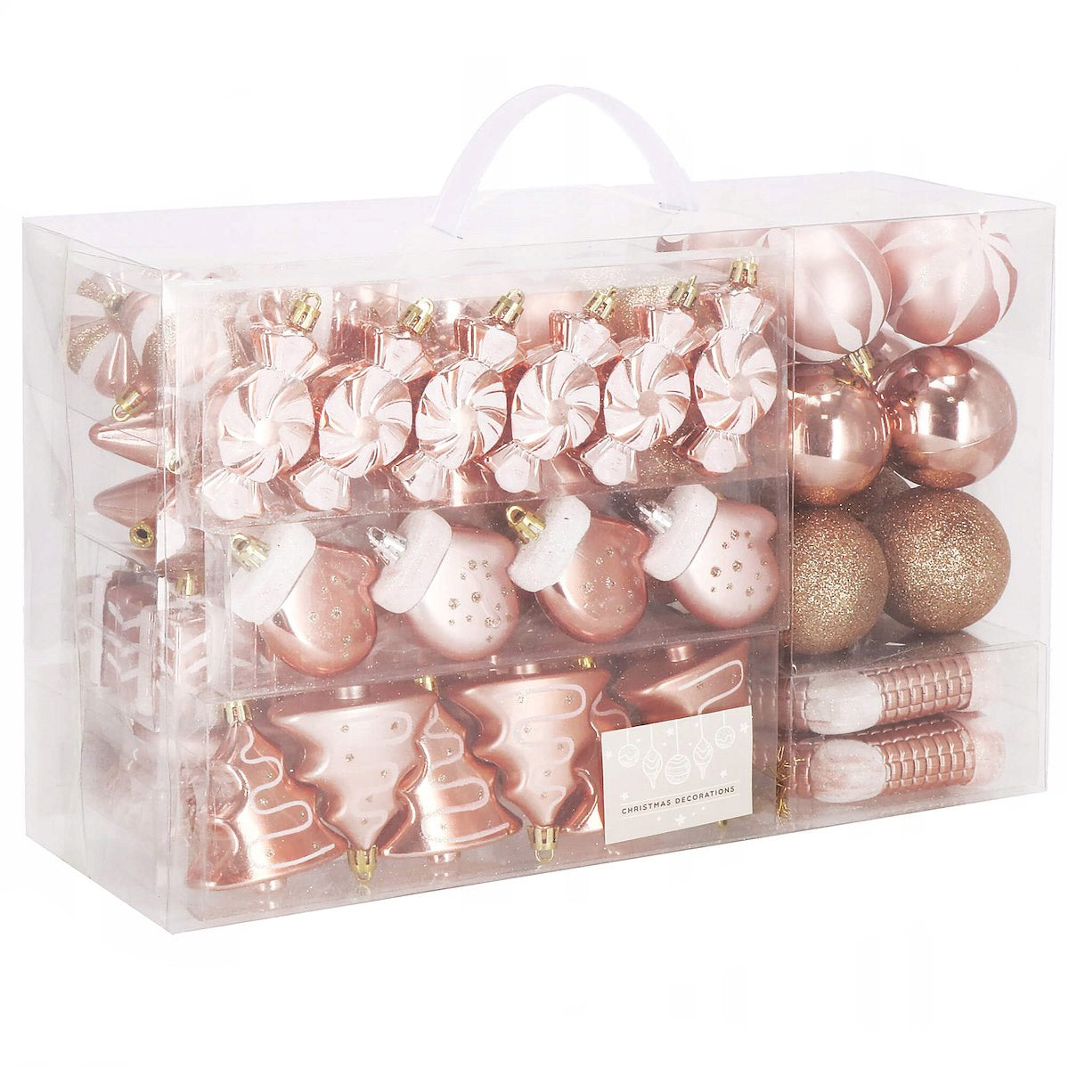 Set globuri si decoratiuni de Craciun, 77 piese, diverse dimensiuni, roz auriu