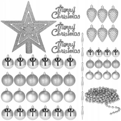 Set globuri si decoratiuni de Craciun, 51 piese, diverse dimensiuni, argintiu