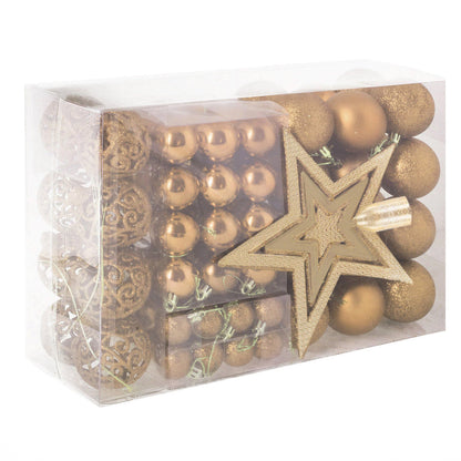 Set globuri si decoratiuni de Craciun, 100 piese, diverse dimensiuni cu stea, auriu