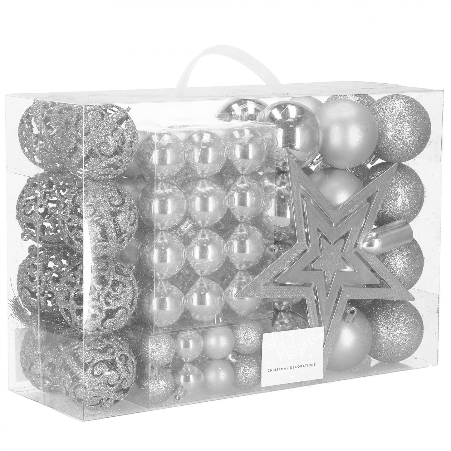 Set globuri si decoratiuni de Craciun, 100 piese, diverse dimensiuni cu stea, argintiu