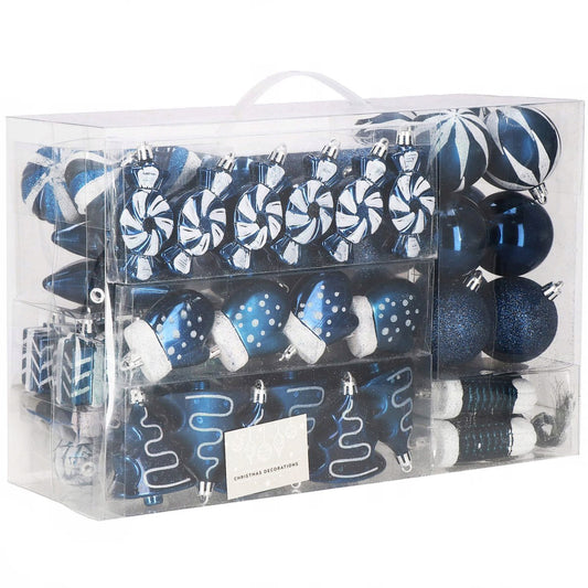 Set globuri si decoratiuni de Craciun, 77 piese, diverse dimensiuni, albastru inchis