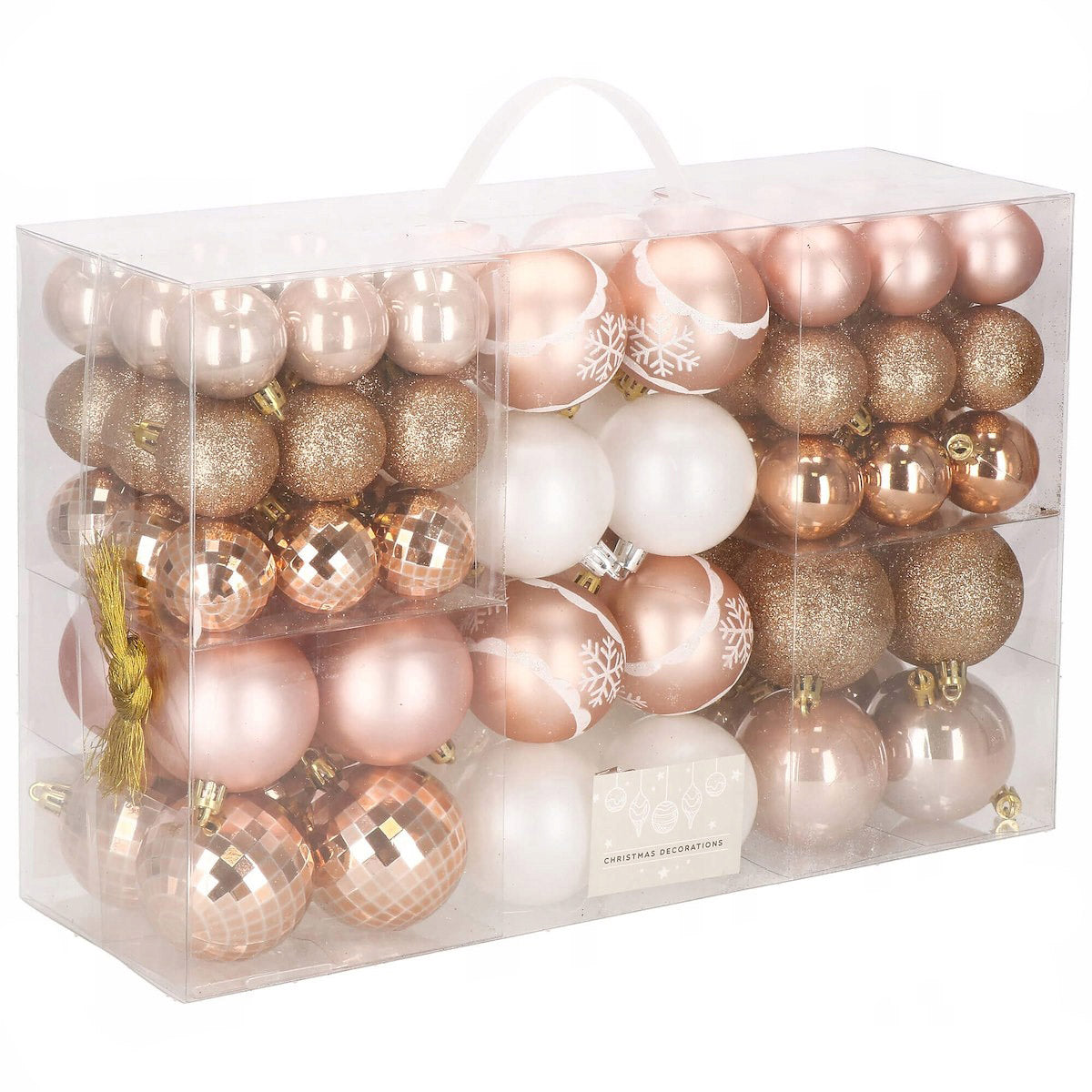 Set globuri si decoratiuni de Craciun, 86 piese, diverse dimensiuni, alb auriu