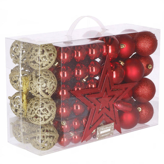 Set globuri de Craciun, 100 bucati, 3-6cm, rosu auriu