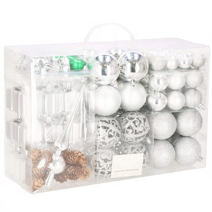 Set globuri si decoratiuni de Craciun, 102 piese, diverse dimensiuni, argintiu
