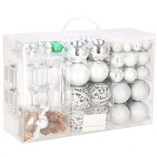 Set globuri si decoratiuni de Craciun, 102 piese, diverse dimensiuni, argintiu