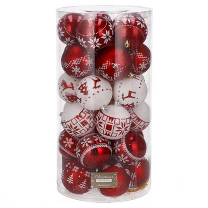 Set globuri de Craciun cu modele de sarbatori, 30 bucati, 5cm, alb rosu