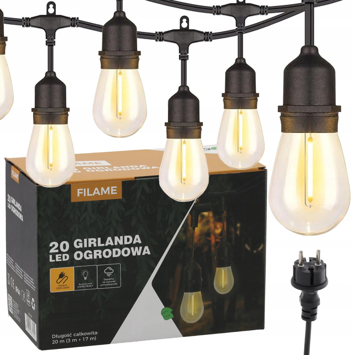 Ghirlanda luminoasa decorativa pentru exterior, alimentare la priza, 20 metri, 20 becuri LED cu iluminare calda 3000K, IP 44