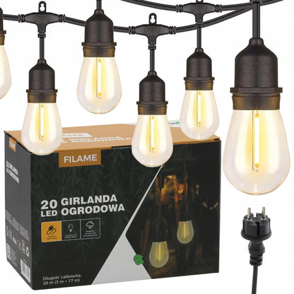 Ghirlanda luminoasa decorativa pentru exterior, alimentare la priza, 20 metri, 20 becuri LED cu iluminare calda 3000K, IP 44