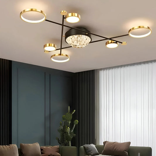 Lustra LED cu telecomanda si cristal GUIDA 38W, 6 Elemente, lumina Rece/Calda/Neutra, Dimabila, Negru Auriu