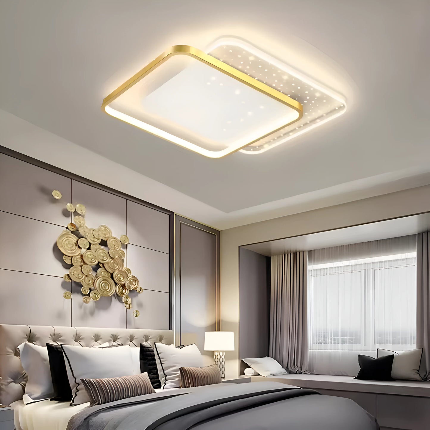Lustra LED cu telecomanda GILDRA 110W, 2 Patrate, lumina Rece/Calda/Neutra, Dimabila, Auriu