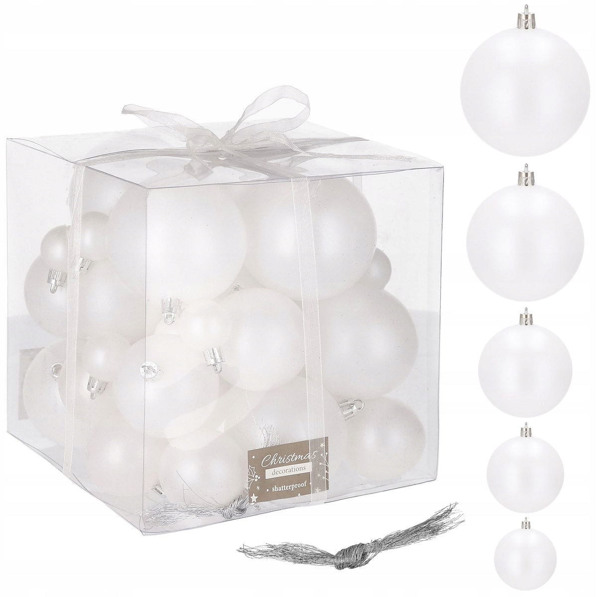 Set globuri de Craciun, 37 bucati, 3-8cm, alb perla