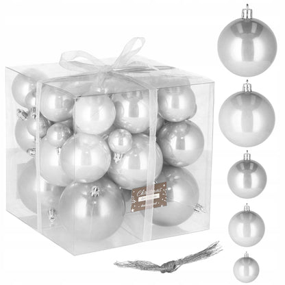 Set globuri de Craciun, 37 bucati, 3-8cm, argintiu