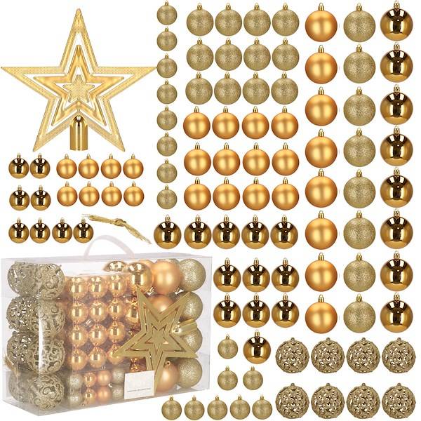 Set globuri si decoratiuni de Craciun, 100 piese, diverse dimensiuni cu stea, auriu